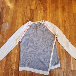 White + Warren Cashmere Baseball Asymmetrical Hem Ivory/Red/Beige Sweater Size M